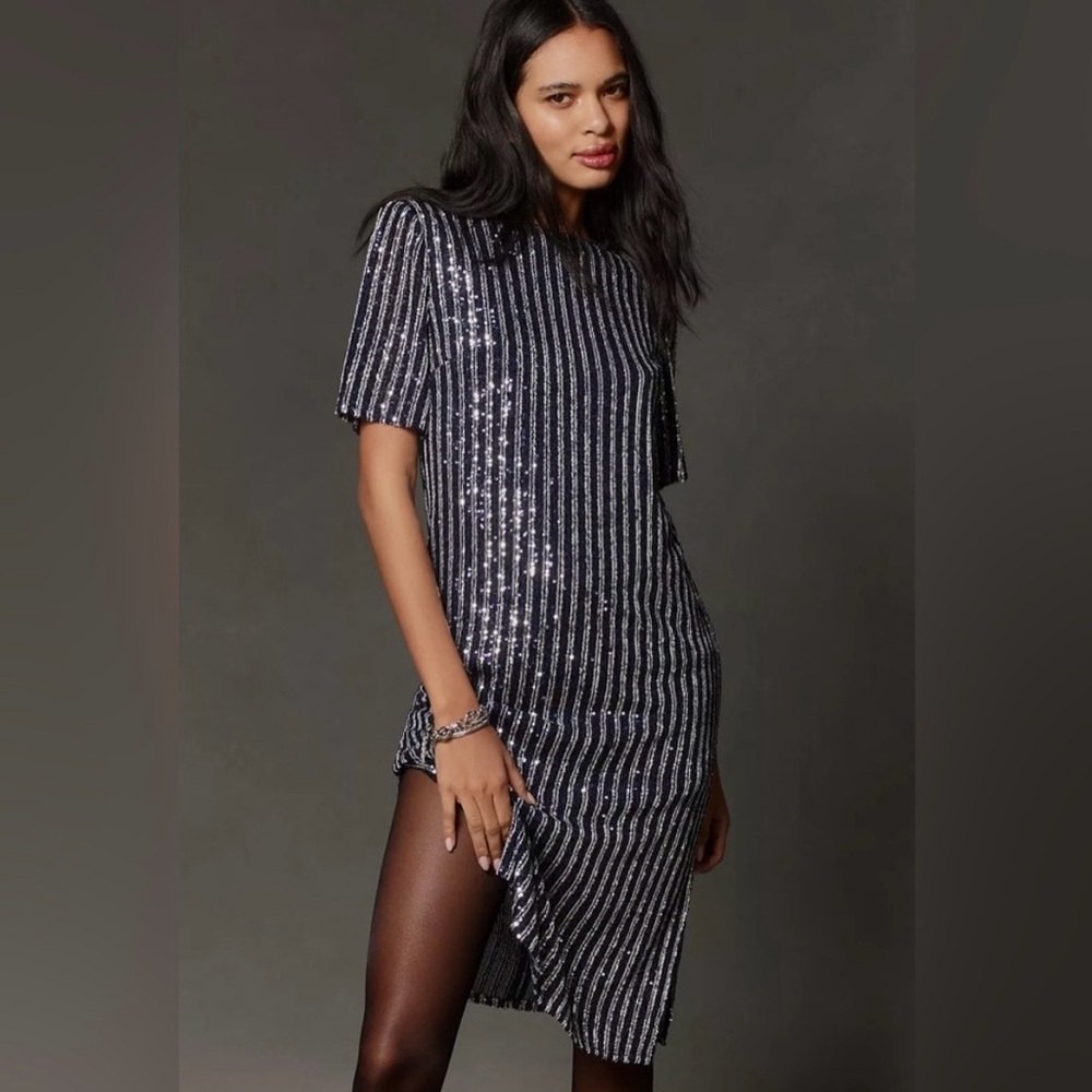 Anthropologie Flat White Sequin Stripe Midi Dress, size small.